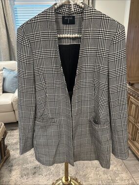 Tahari Black and White Glen Plaid Open-Front Blazer